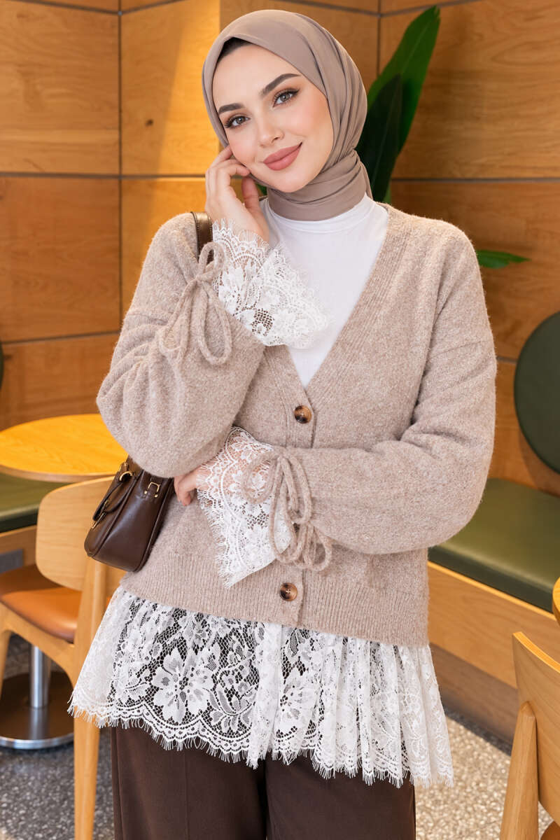 Knit Cardigan with Lace and Gathered Sleeves - Stone