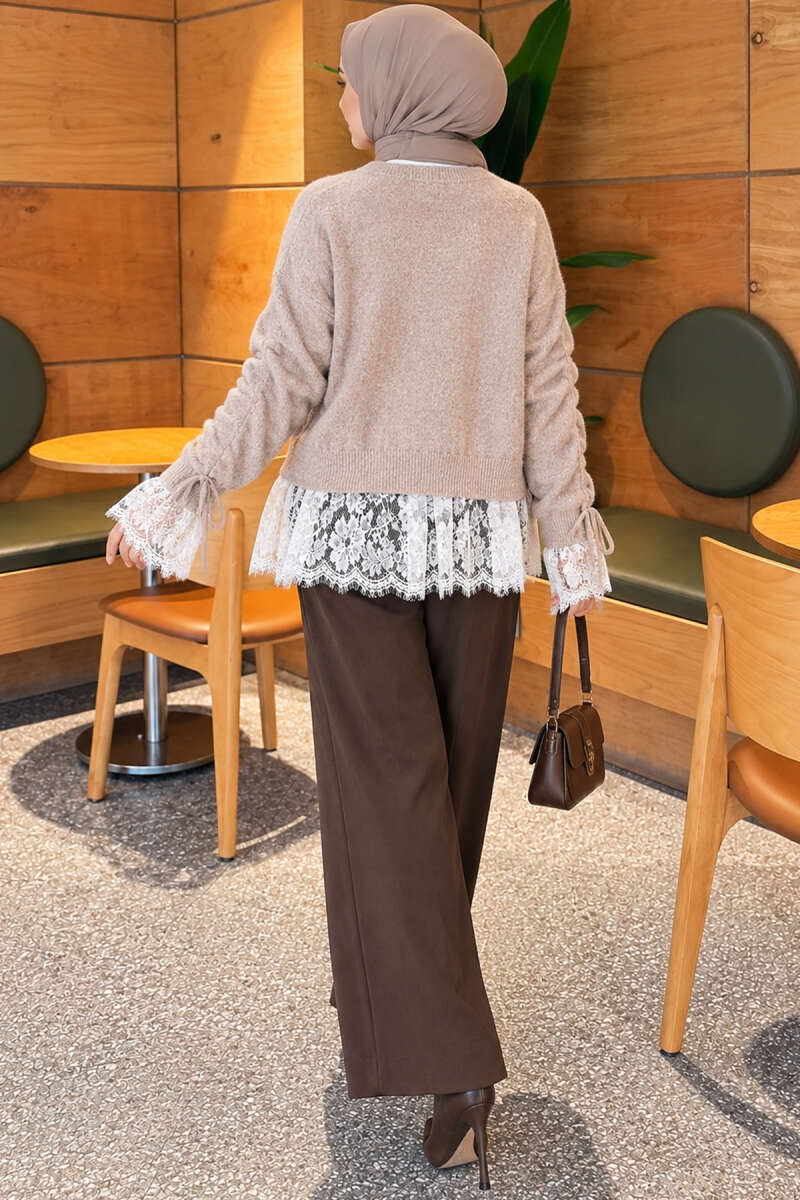 Knit Cardigan with Lace and Gathered Sleeves - Stone