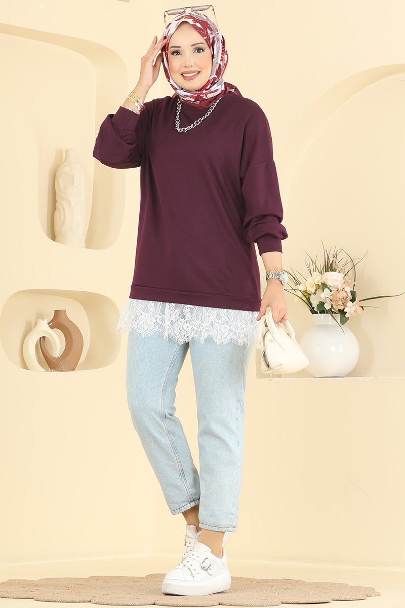 Lace-Detail Modal Tunic - Burgundy