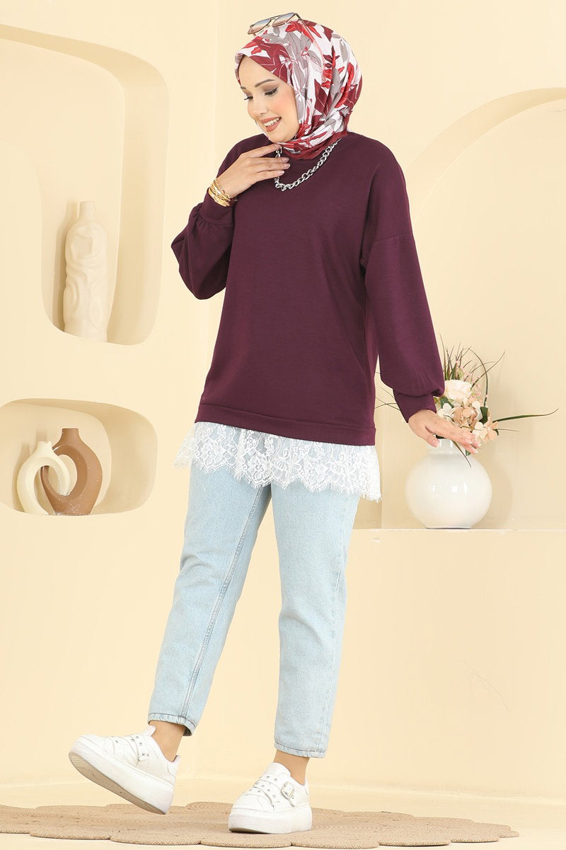 Lace-Detail Modal Tunic - Burgundy