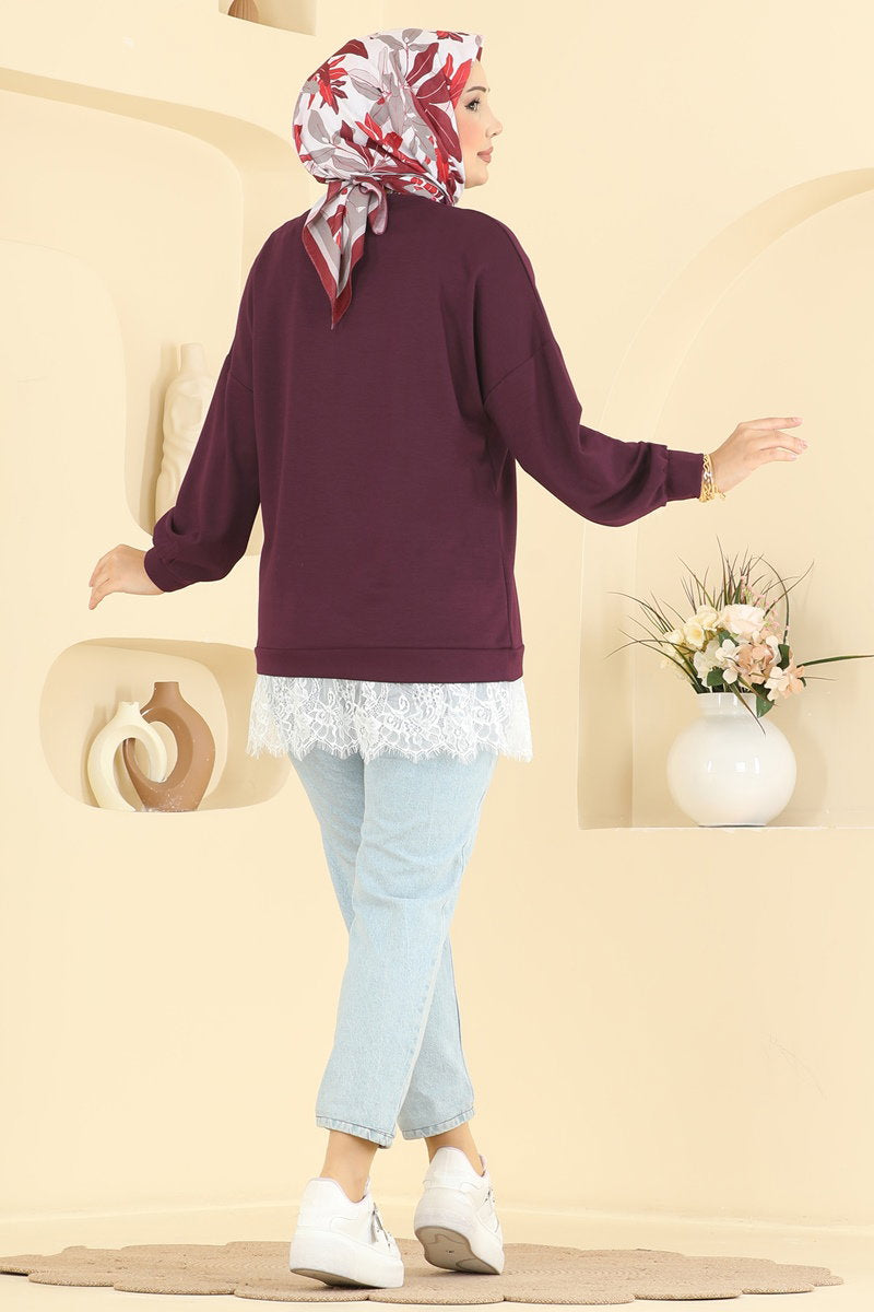 Lace-Detail Modal Tunic - Burgundy