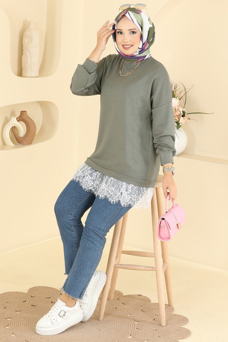 Lace-Detail Modal Tunic - Almond Green