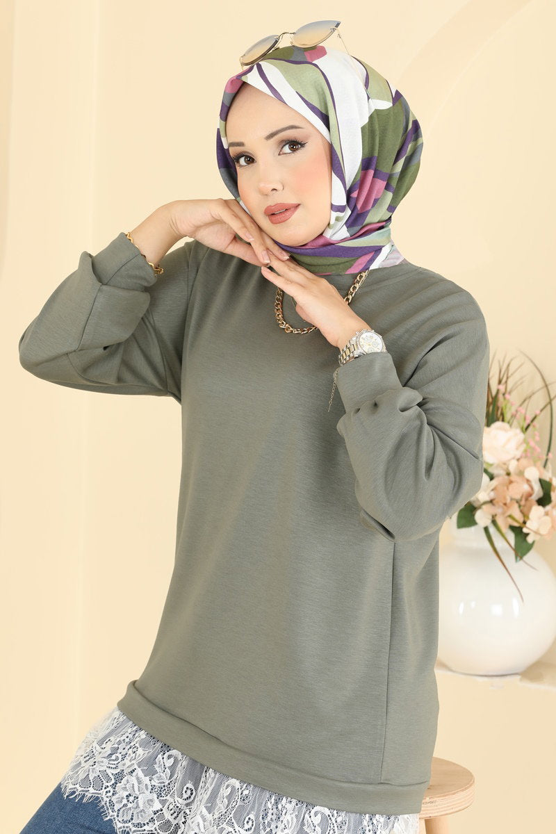 Lace-Detail Modal Tunic - Almond Green