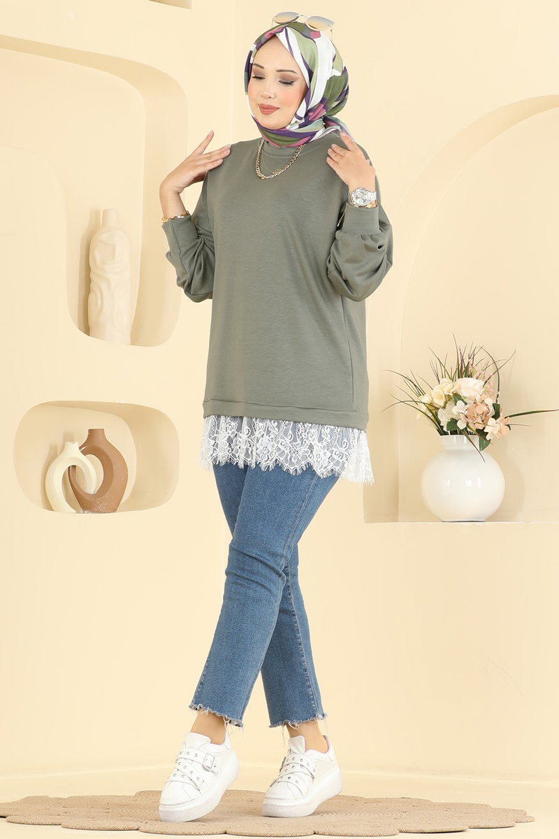Lace-Detail Modal Tunic - Almond Green