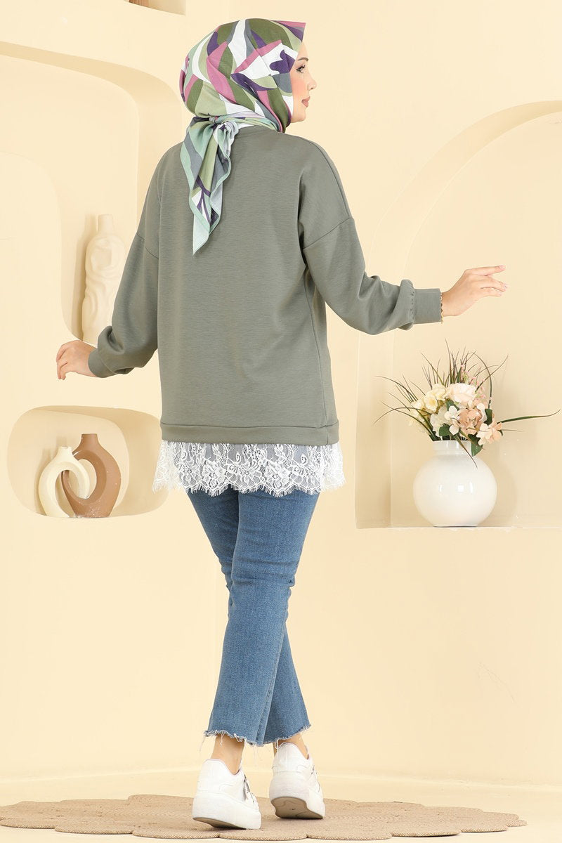Lace-Detail Modal Tunic - Almond Green