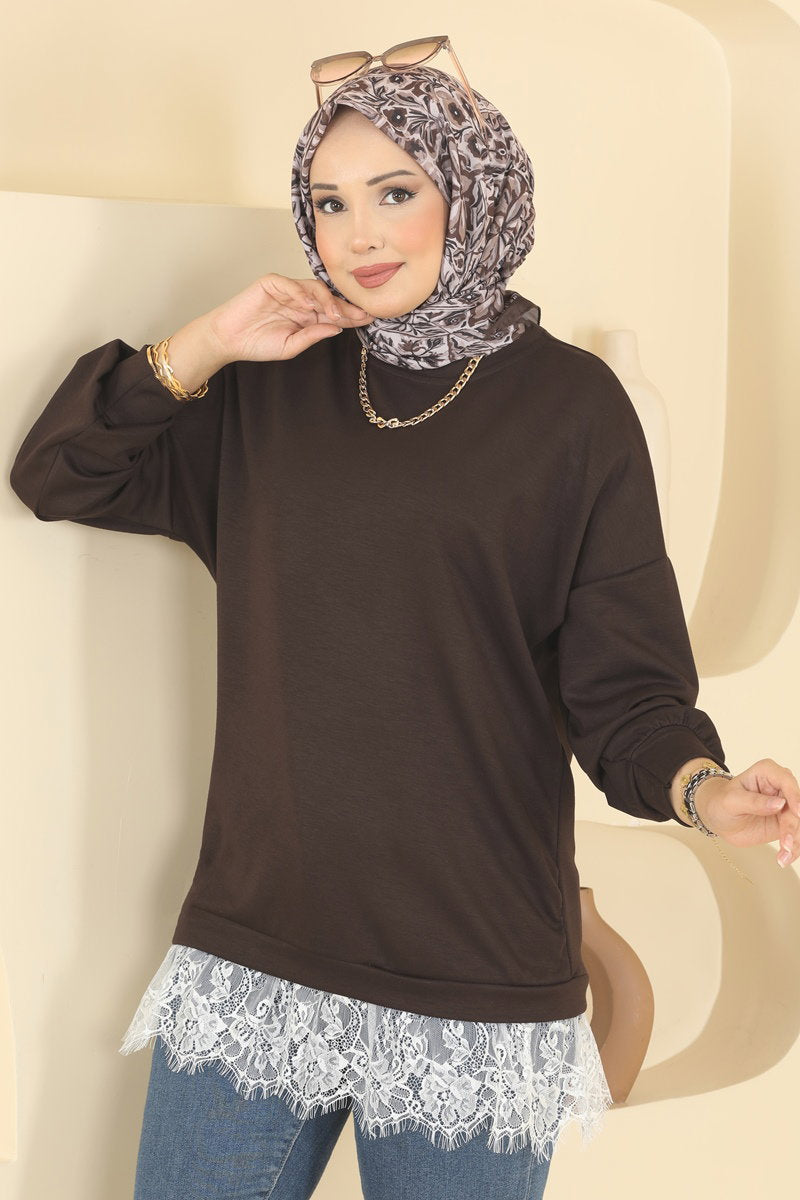 Lace-Detail Modal Tunic - Brown