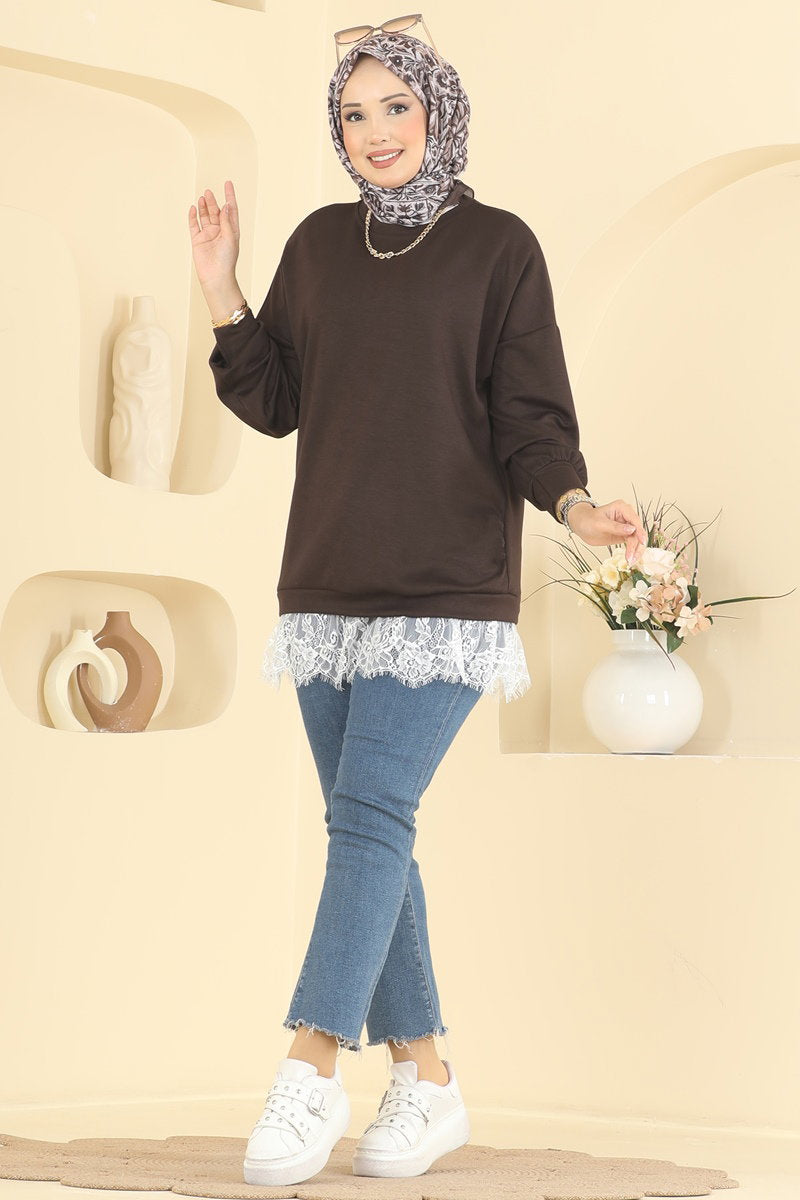 Lace-Detail Modal Tunic - Brown
