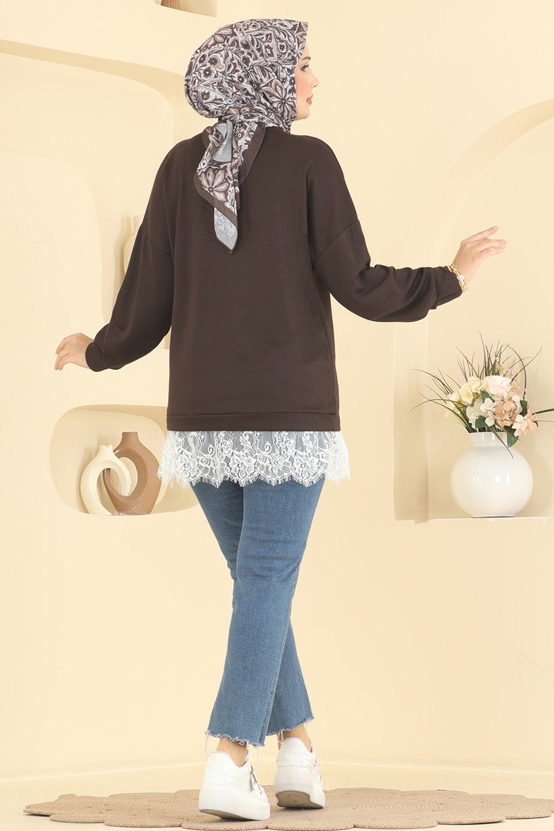 Lace-Detail Modal Tunic - Brown