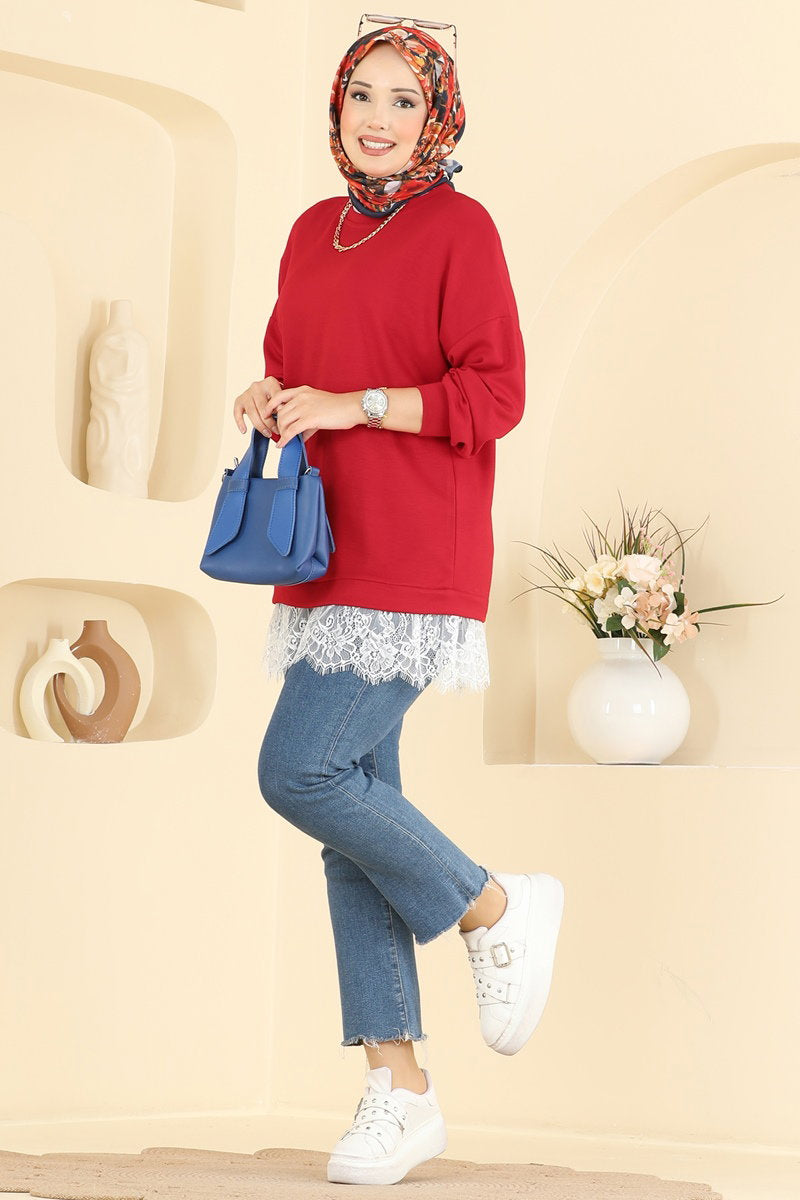 Lace-Detail Modal Tunic - Red