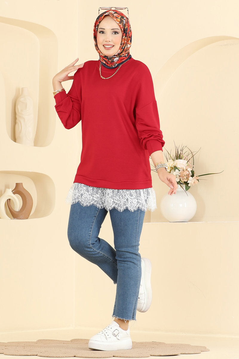Lace-Detail Modal Tunic - Red