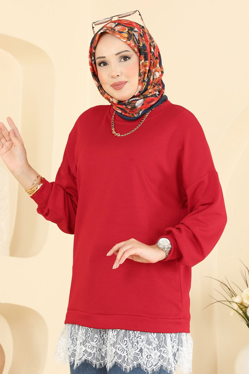 Lace-Detail Modal Tunic - Red
