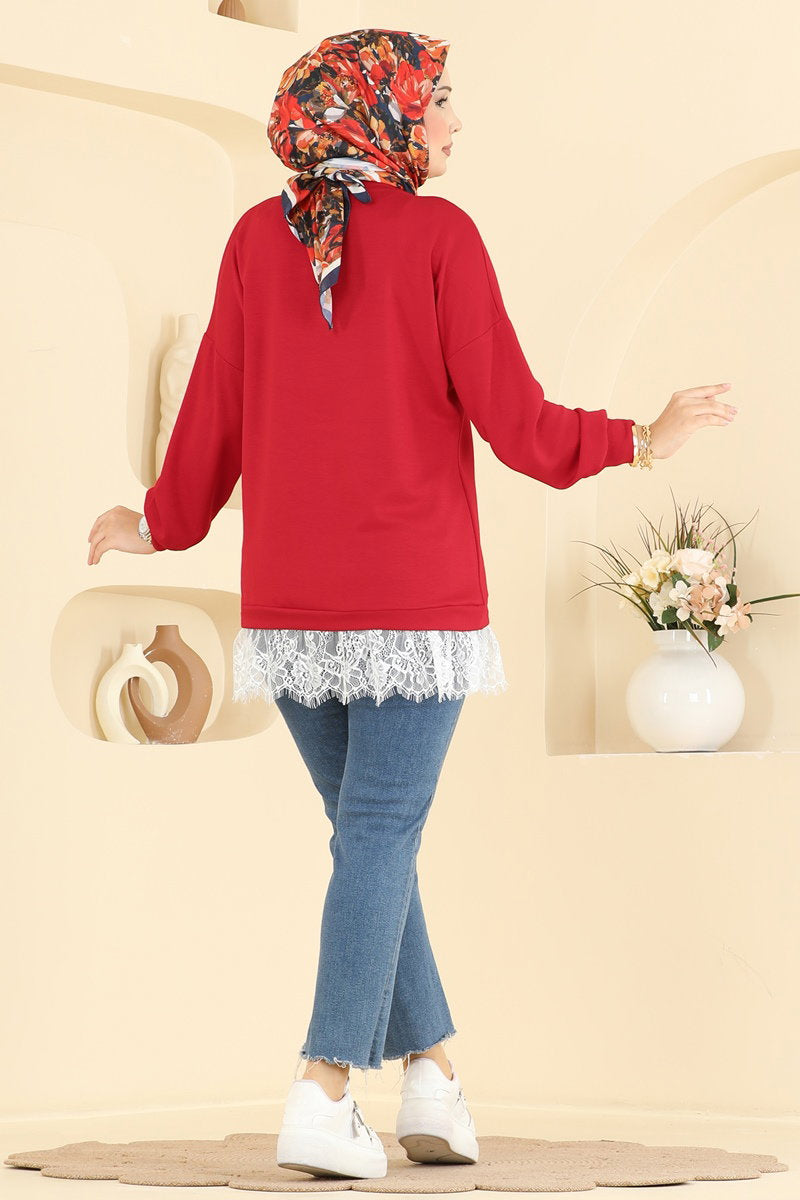 Lace-Detail Modal Tunic - Red
