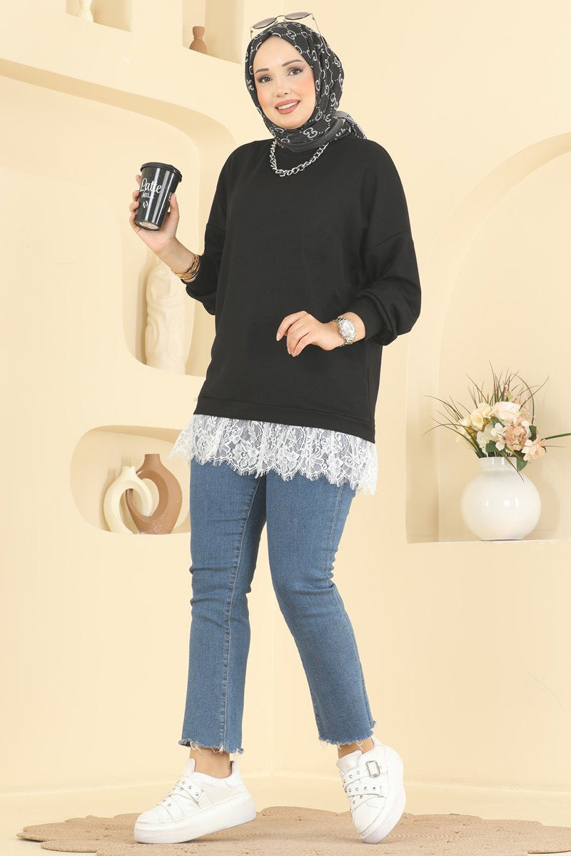 Lace-Detail Modal Tunic - Black