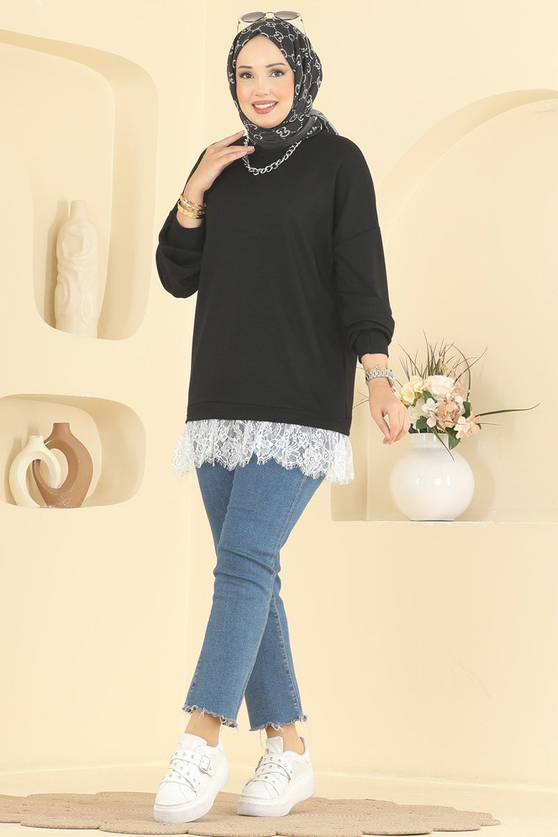 Lace-Detail Modal Tunic - Black