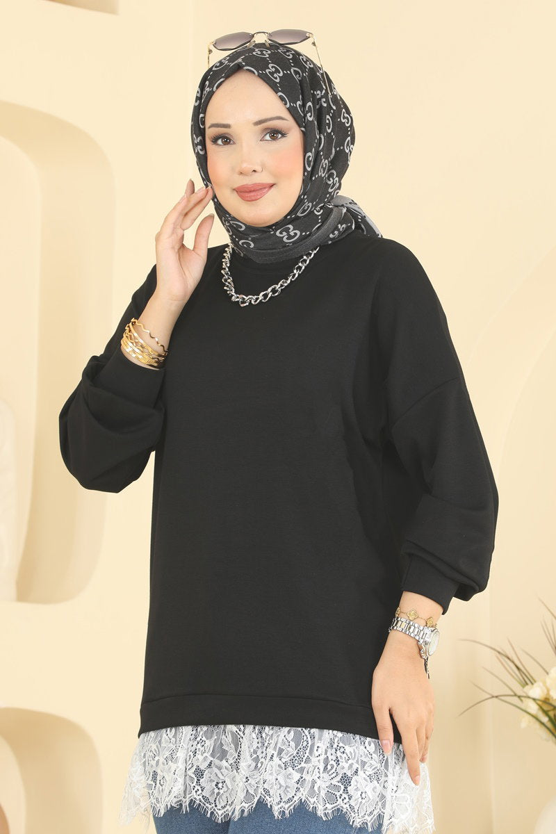 Lace-Detail Modal Tunic - Black