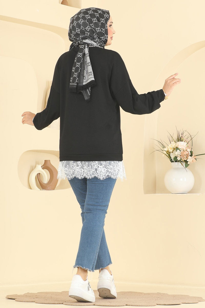 Lace-Detail Modal Tunic - Black