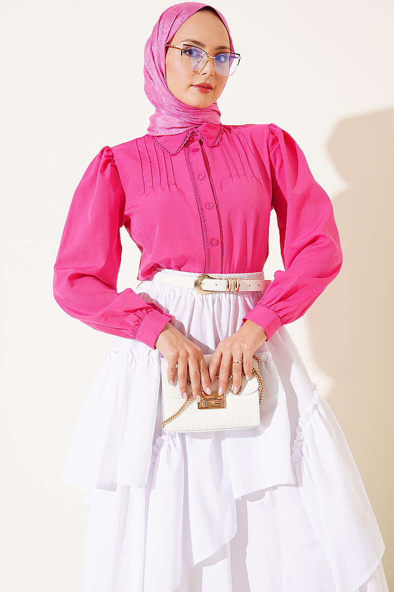 Short Lace-Detail Shirt with Darts - Fuchsia