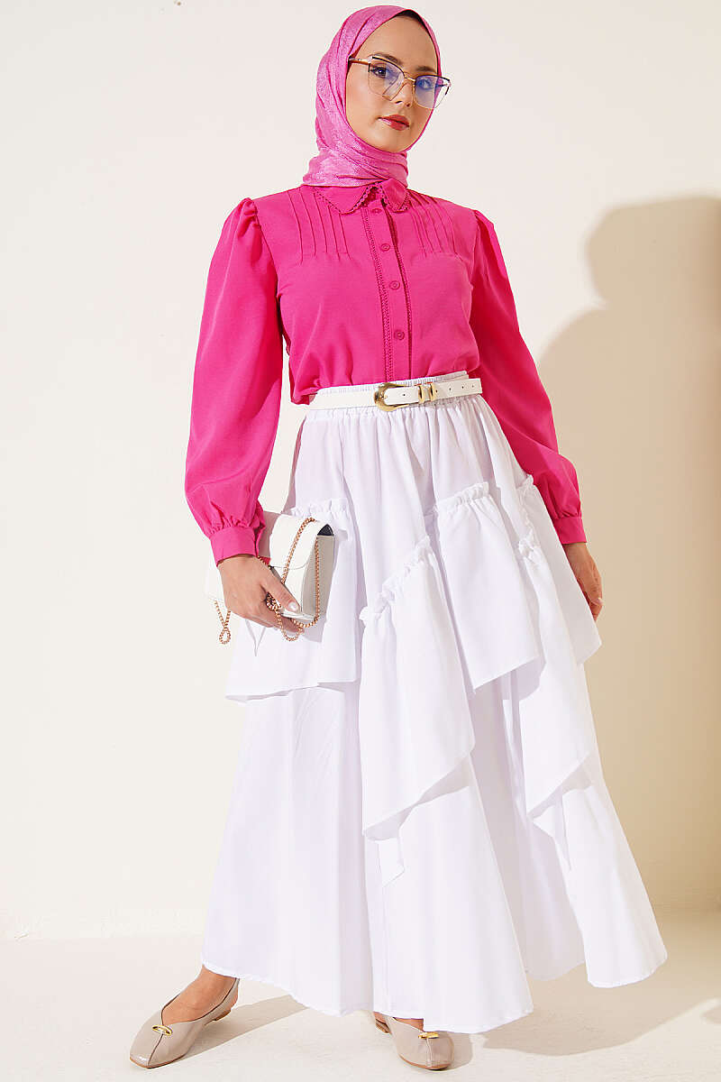 Short Lace-Detail Shirt with Darts - Fuchsia
