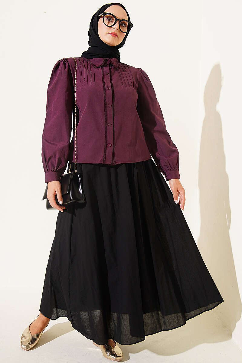 Short Lace-Detail Shirt with Darts - Plum