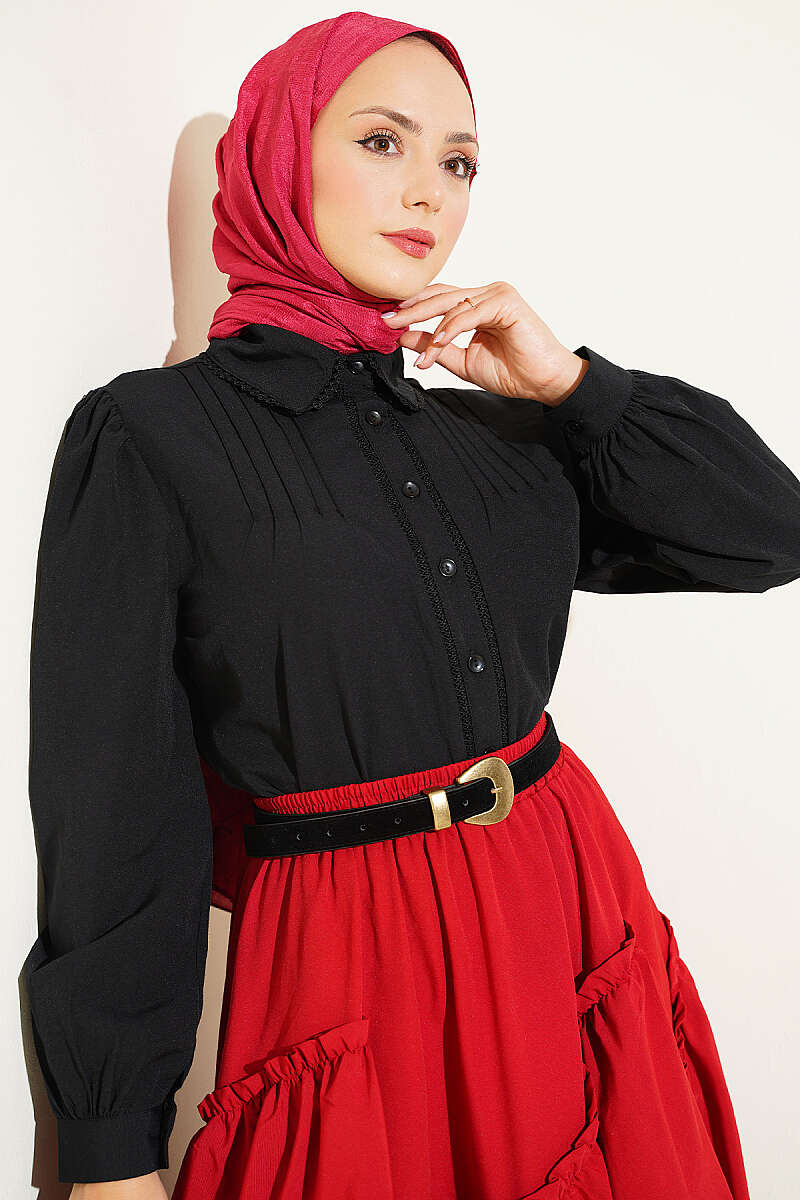 Short Lace-Detail Shirt with Darts - Black