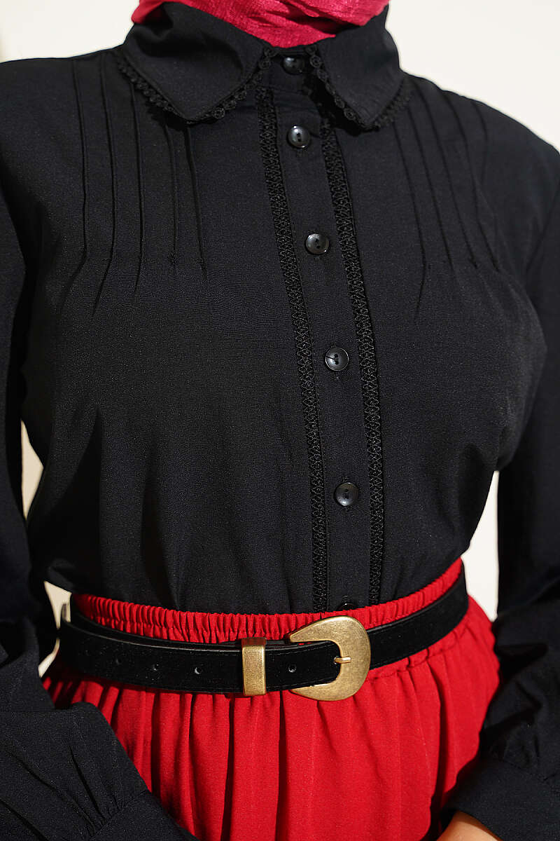 Short Lace-Detail Shirt with Darts - Black