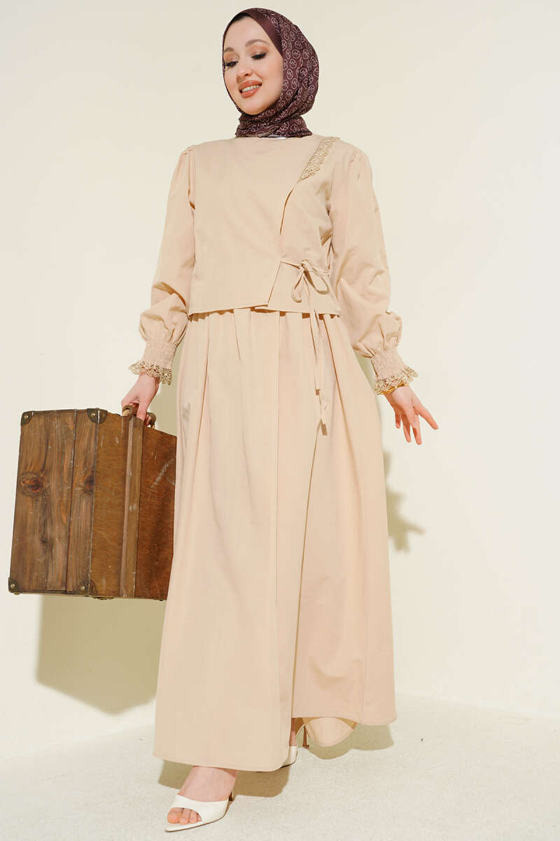 Lace-Detail Poplin Pinafore Dress - Beige