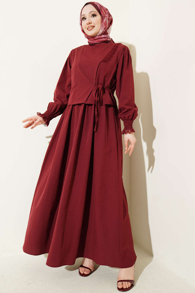 Lace-Detail Poplin Pinafore Dress - Burgundy