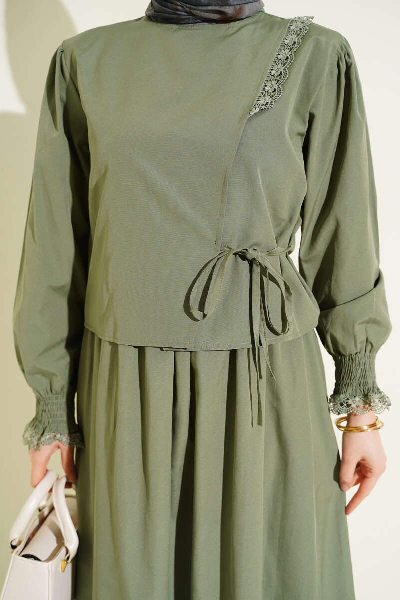 Lace-Detail Poplin Pinafore Dress - Khaki