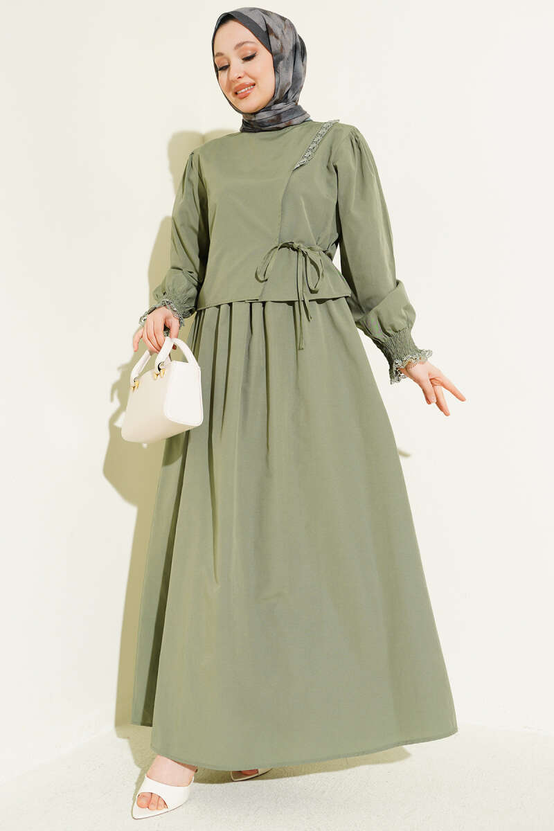 Lace-Detail Poplin Pinafore Dress - Khaki