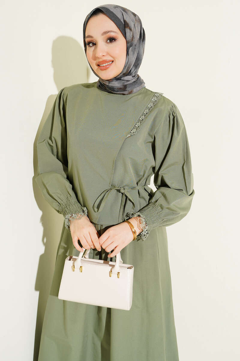 Lace-Detail Poplin Pinafore Dress - Khaki