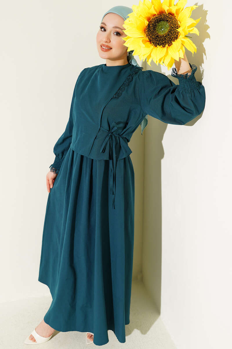 Lace-Detail Poplin Pinafore Dress - Emerald