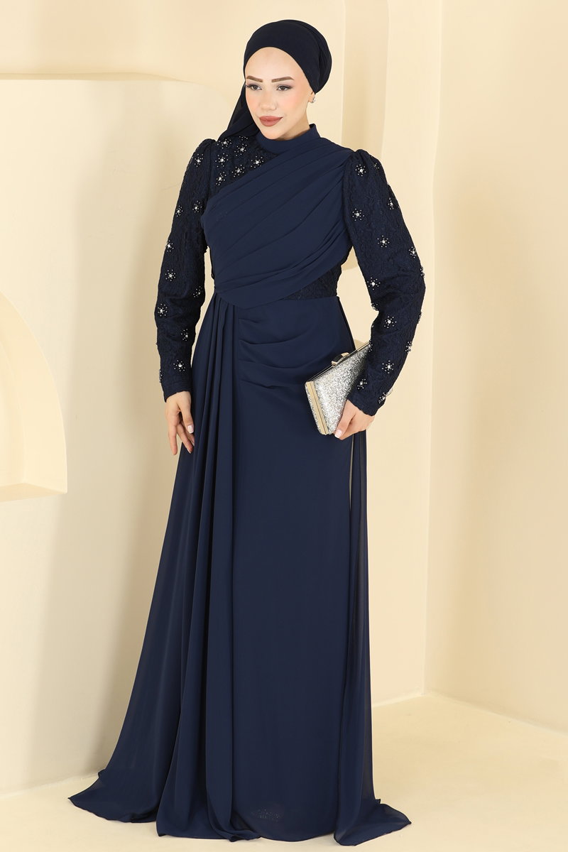 Lace-Detail Chiffon Evening Dress - Navy