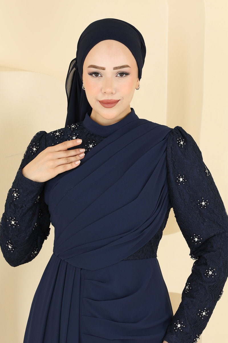 Lace-Detail Chiffon Evening Dress - Navy