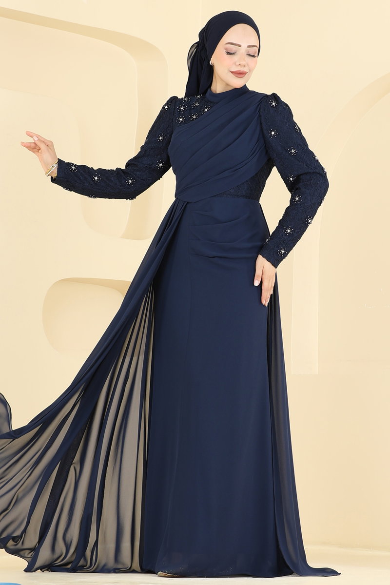 Lace-Detail Chiffon Evening Dress - Navy