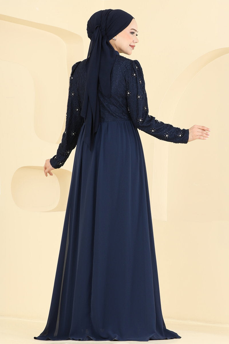 Lace-Detail Chiffon Evening Dress - Navy