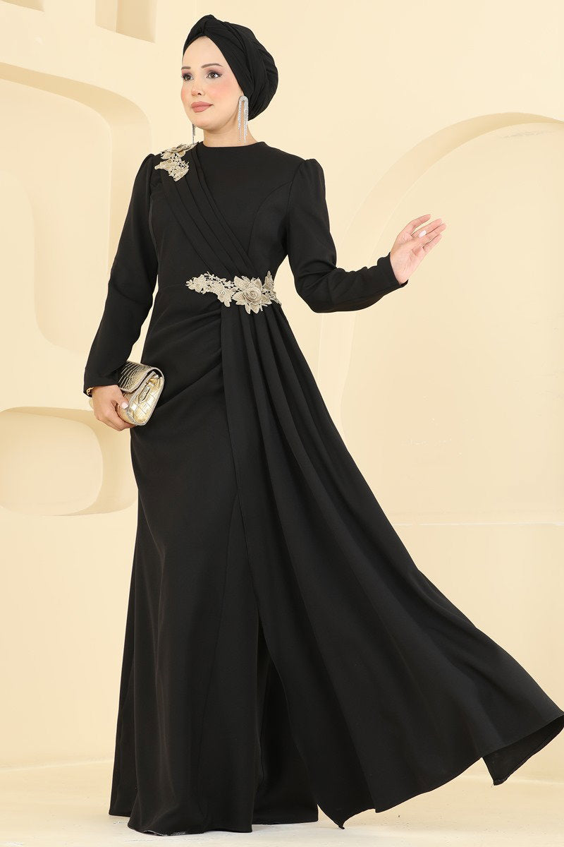 Elegant Lace-Detail Evening Dress - Black