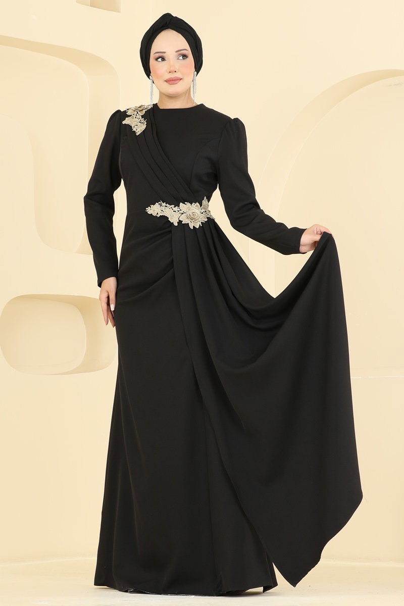 Elegant Lace-Detail Evening Dress - Black