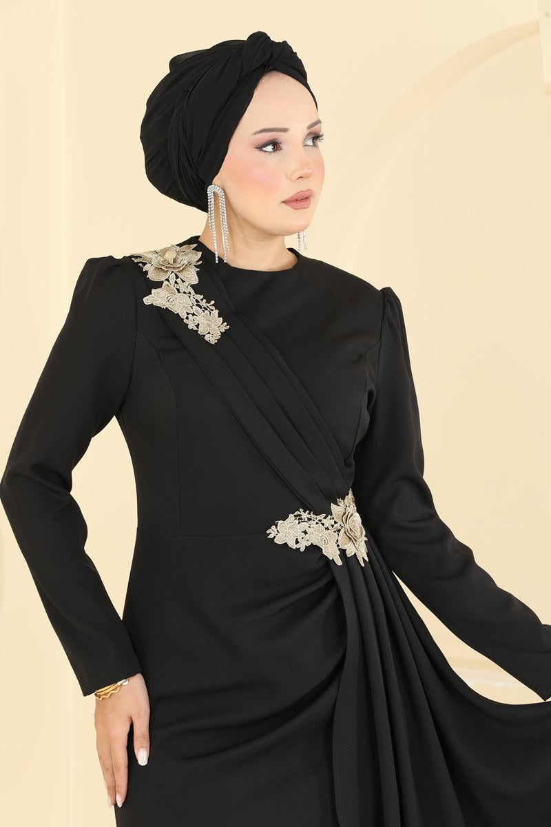 Elegant Lace-Detail Evening Dress - Black