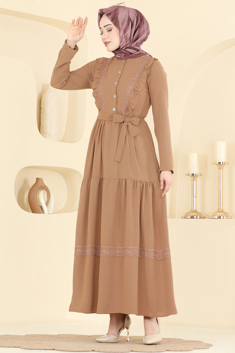 Elegant Aerobin Dress with Lace Detail - Light Latte
