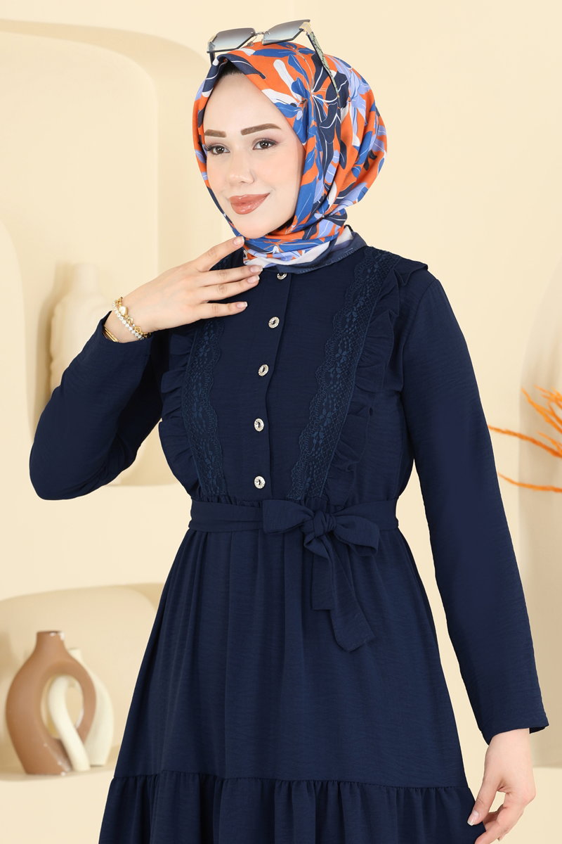Elegant Aerobin Dress with Lace Detail - Dark Navy
