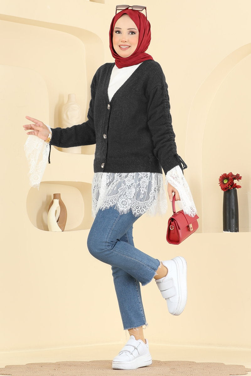 Lace-Detail Knit Cardigan - Dark Charcoal