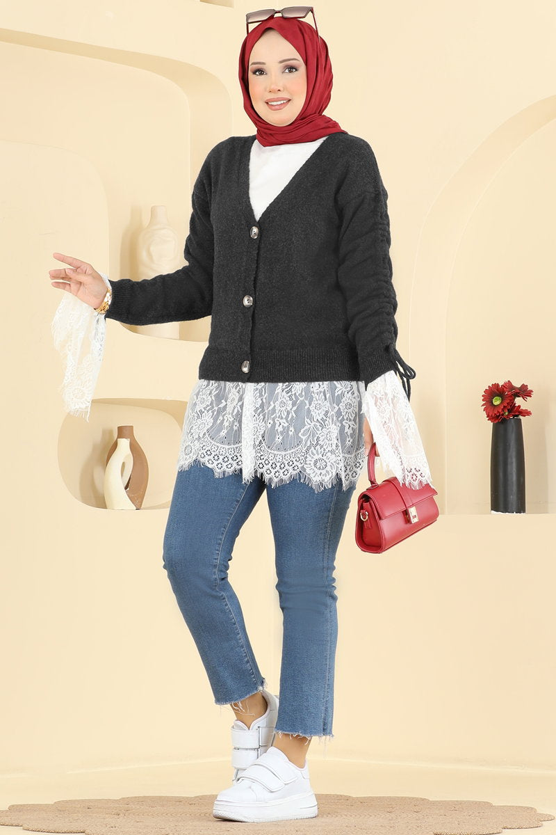 Lace-Detail Knit Cardigan - Dark Charcoal
