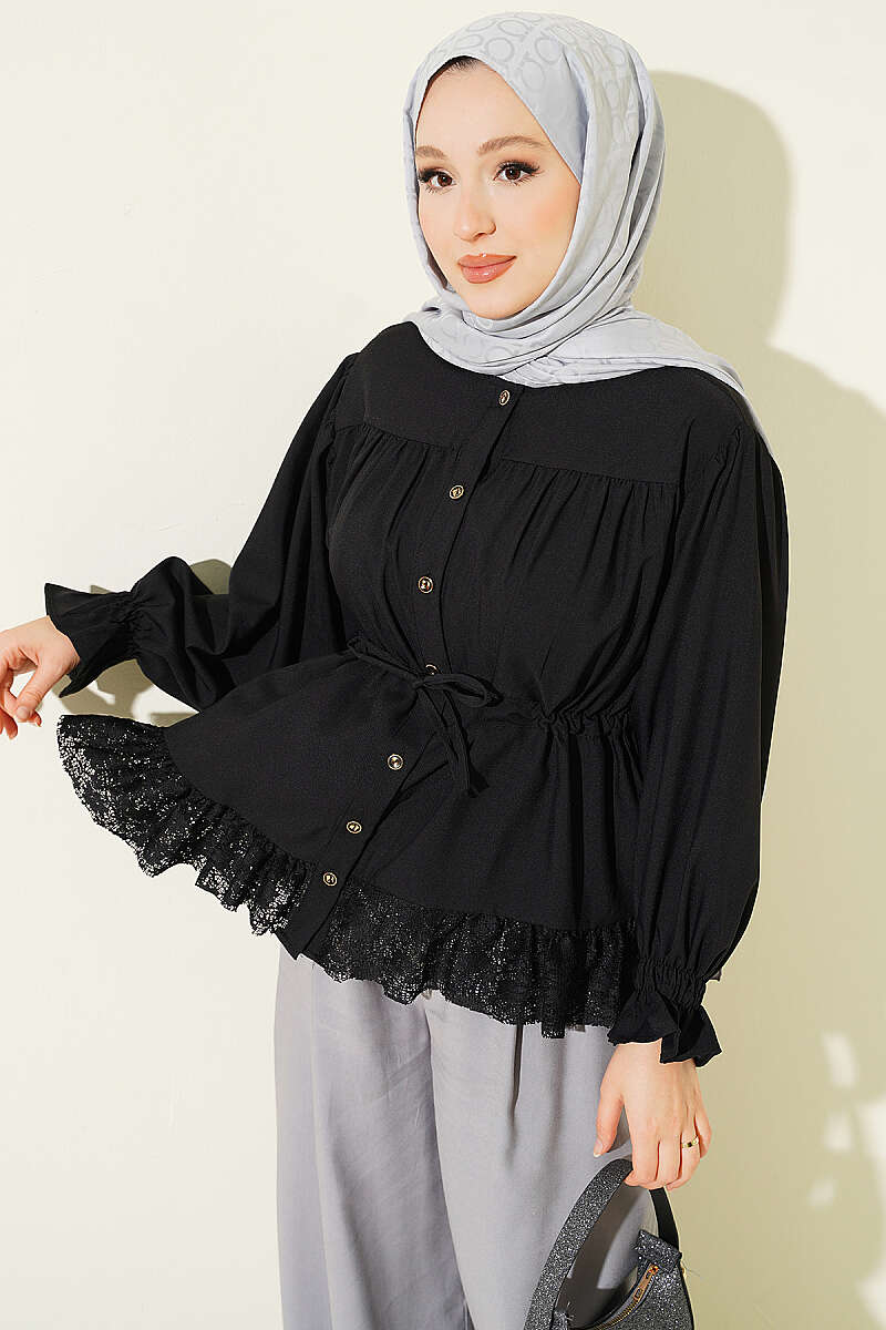 Lace Ruffle Shirt with Drawstring Waist - Black