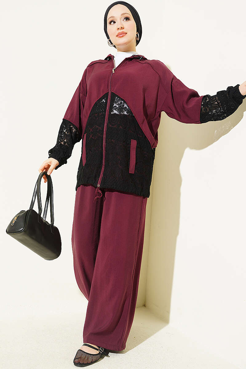 Zip-Up Two-Piece Set with Lace Trim - Burgundy