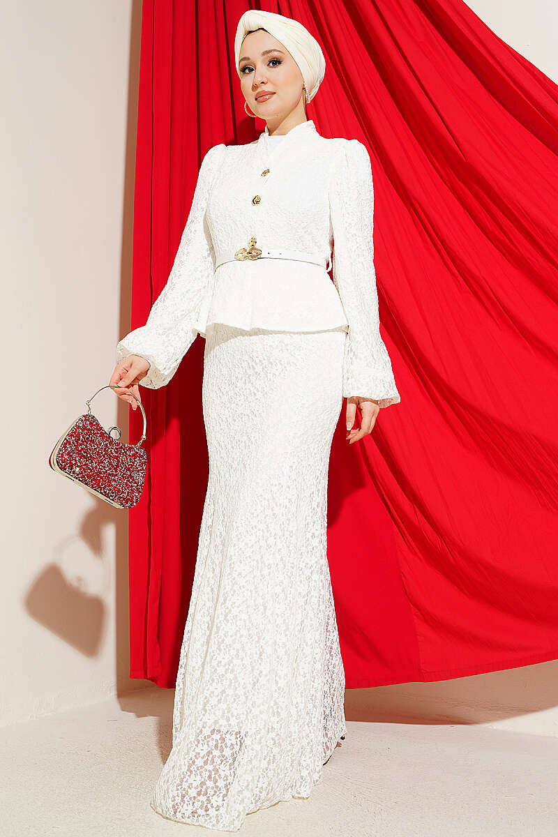 Guipure Lace Evening Dress with Gold Buttons - White