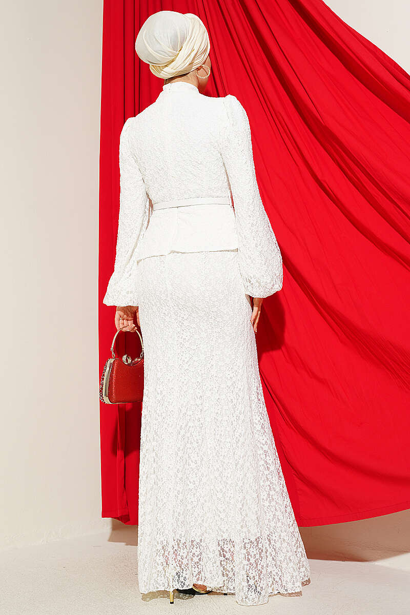 Guipure Lace Evening Dress with Gold Buttons - White