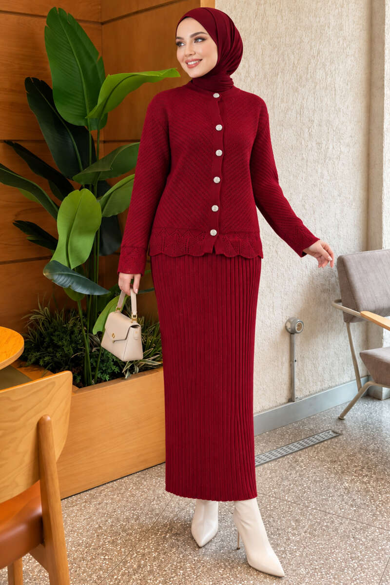 Lace-Embroidered Two-Piece Skirt Set with Jewelled Buttons - Burgundy