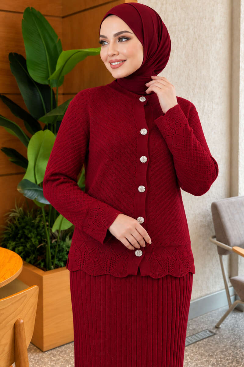 Lace-Embroidered Two-Piece Skirt Set with Jewelled Buttons - Burgundy