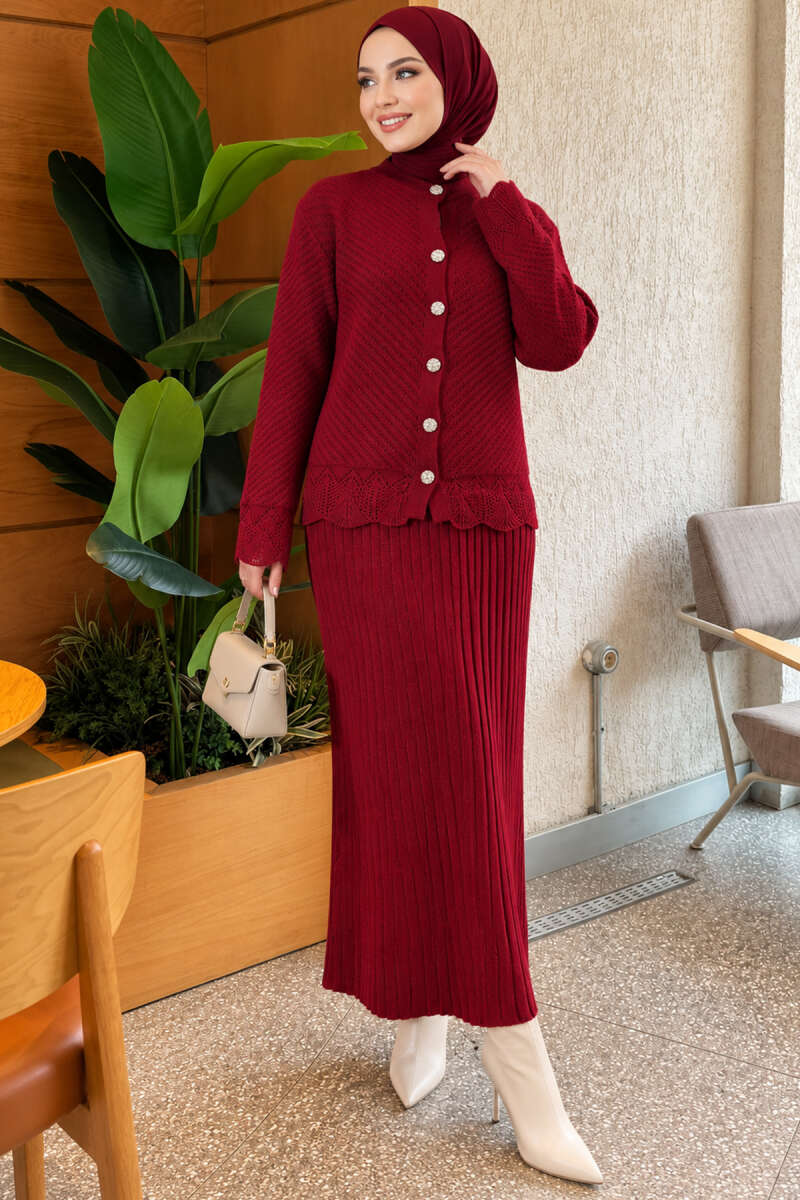 Lace-Embroidered Two-Piece Skirt Set with Jewelled Buttons - Burgundy