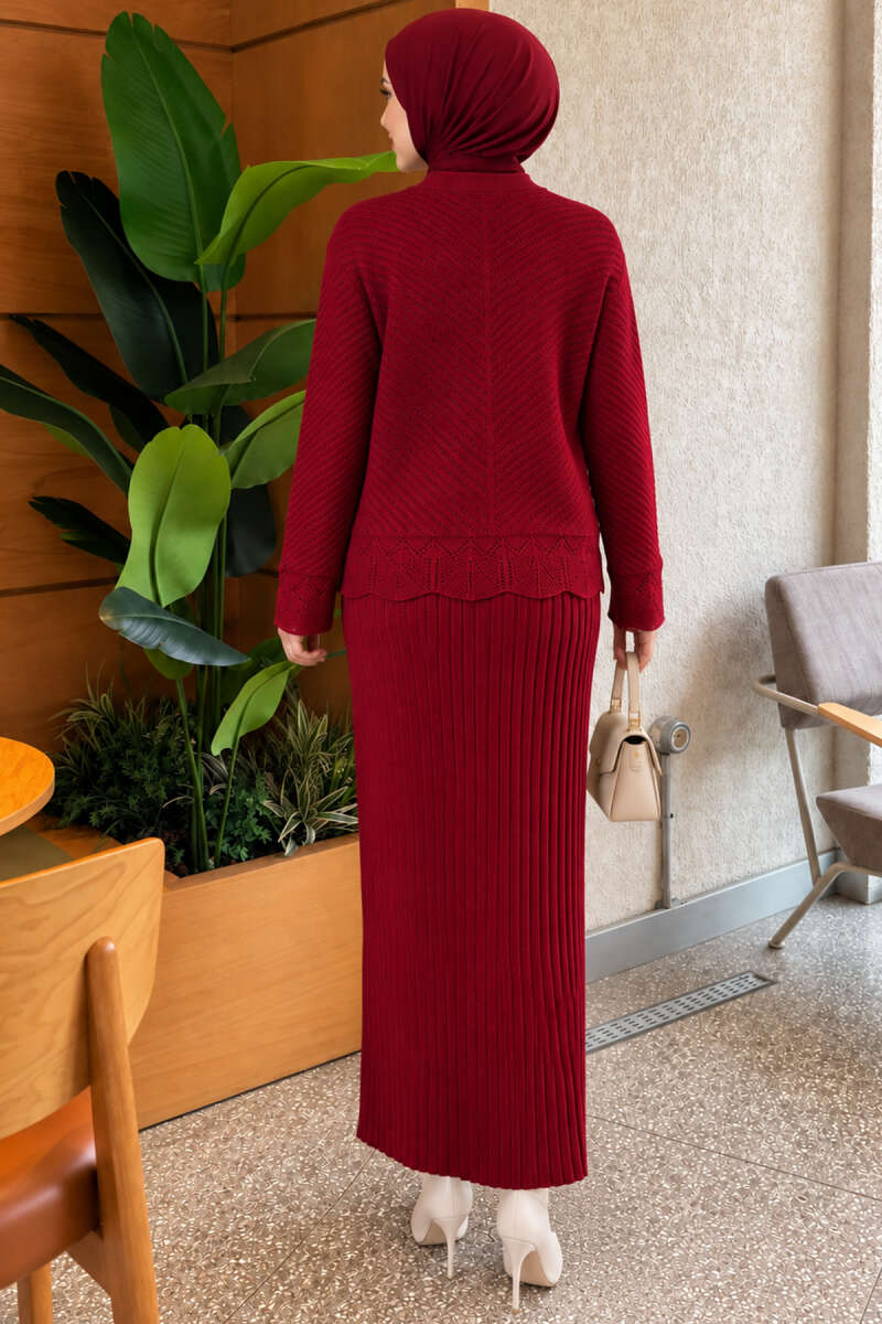 Lace-Embroidered Two-Piece Skirt Set with Jewelled Buttons - Burgundy